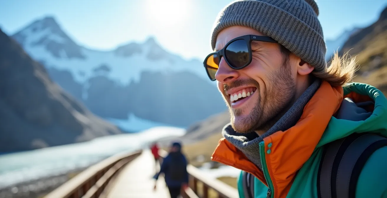 Escursionista con abbigliamento tecnico a strati su ponte panoramico con ghiacciaio alpino sullo sfondo
