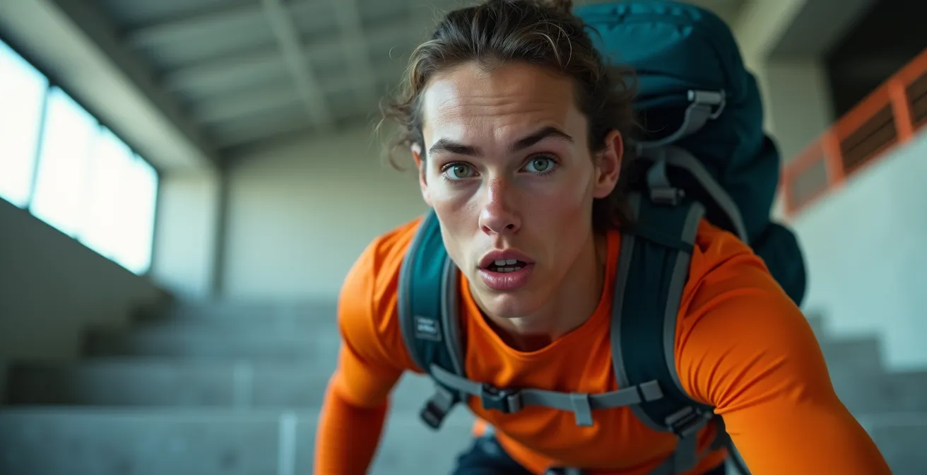 Atleta che sale le gradinate dello stadio con zaino da 12 kg durante l'allenamento per trekking d'alta quota