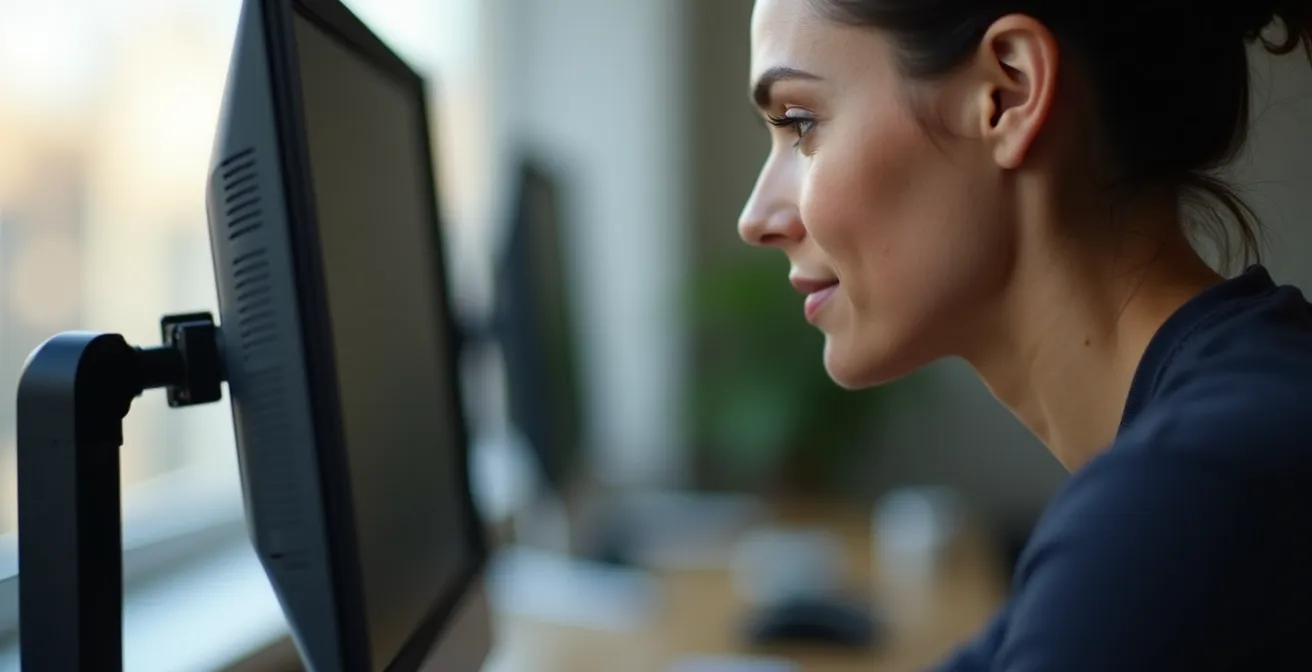Dettaglio macro della corretta altezza dello schermo rispetto agli occhi in una postazione di lavoro