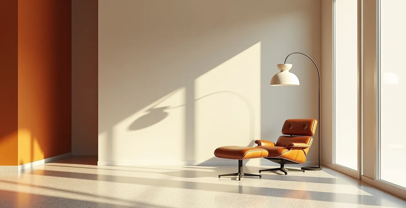 Interno minimalista con icone del design italiano degli anni '60