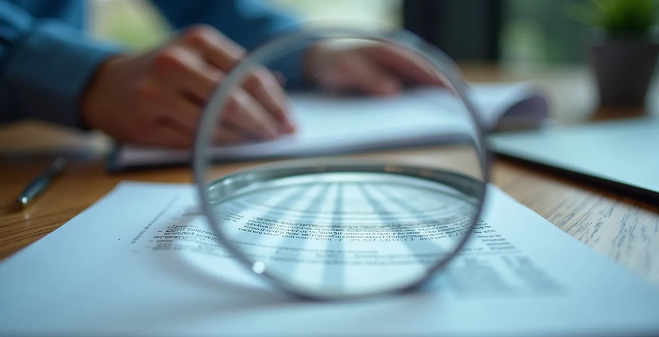 Mani che analizzano documenti contrattuali energetici con lente d'ingrandimento