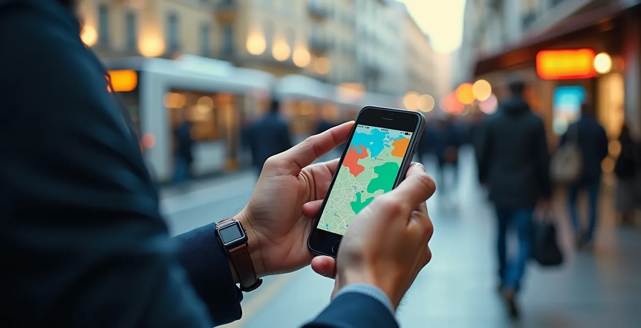 Mano che tiene smartphone con mappa multimodale sfocata sullo sfondo di stazione italiana