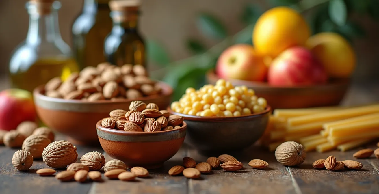 Cucina italiana organizzata con alimenti sani in primo piano e snack nascosti