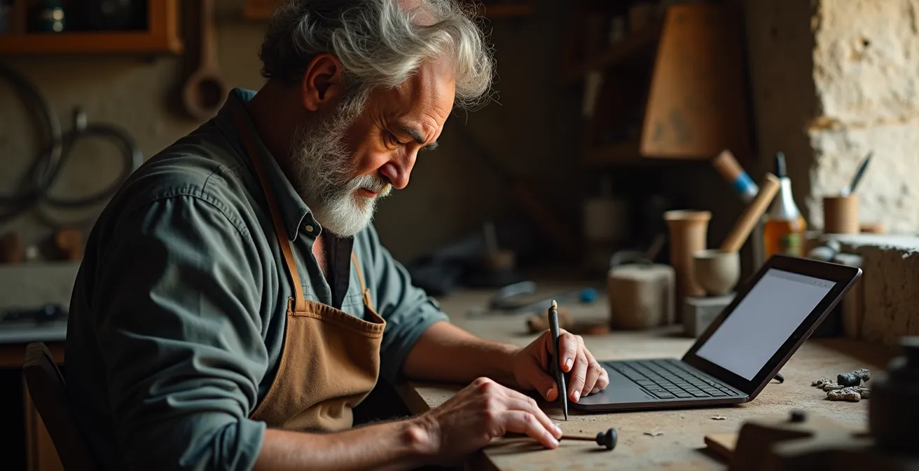 Artigiano italiano lavora con strumenti tradizionali accanto a tablet per gestione ordini