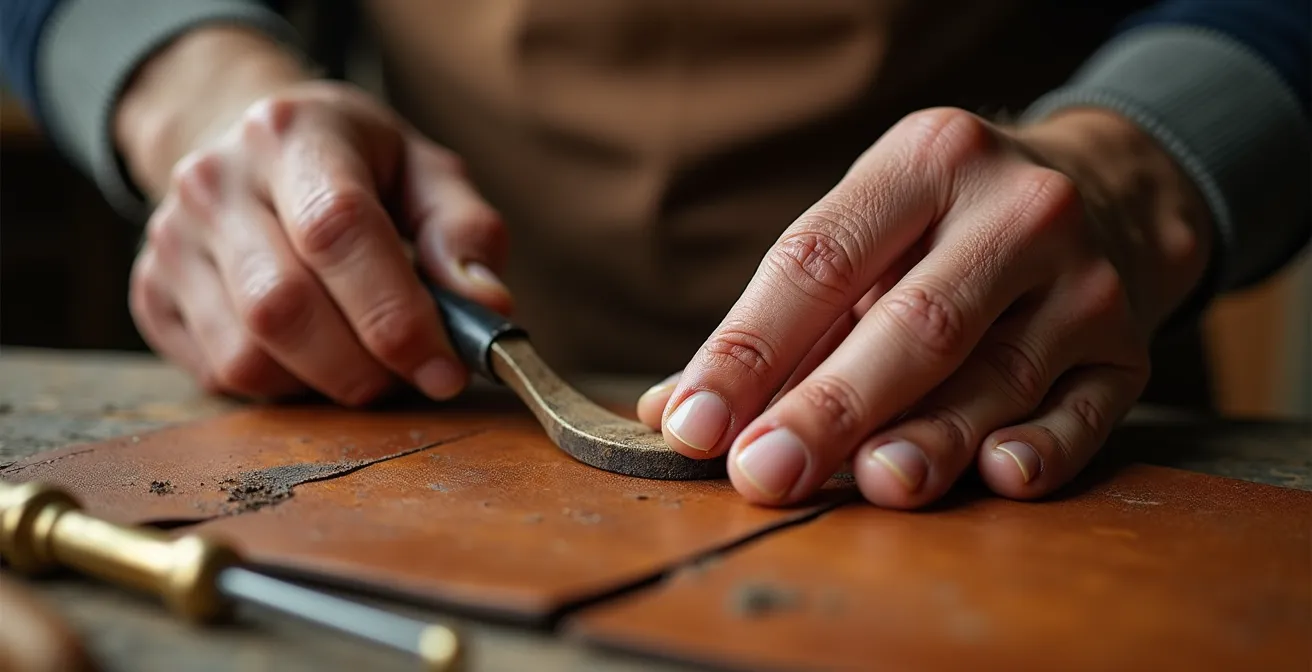 Dettaglio macro delle mani di un artigiano che lavora il cuoio con strumenti tradizionali
