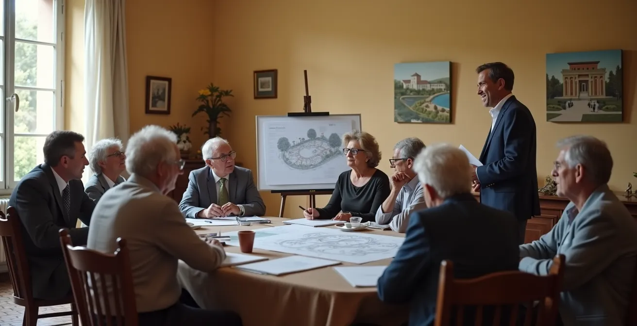 Riunione condominiale con amministratore che presenta progetto di isolamento termico ai condomini