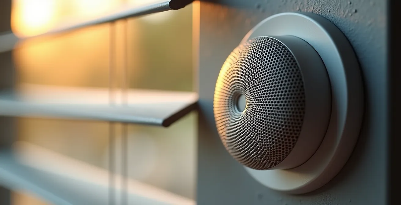 Dettaglio macro di un sensore di temperatura Matter collegato a una tapparella motorizzata in una casa italiana