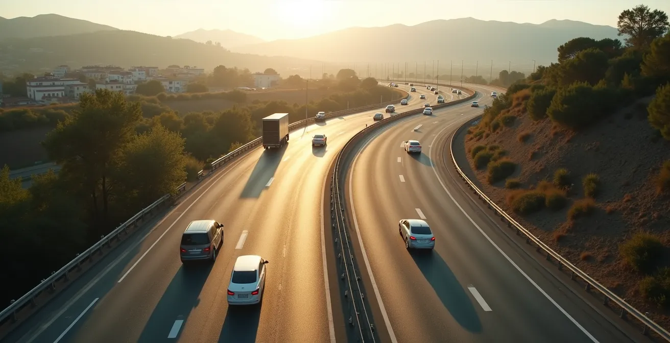 Vista aerea di un tratto autostradale italiano modernizzato con infrastrutture smart road e segnaletica digitale
