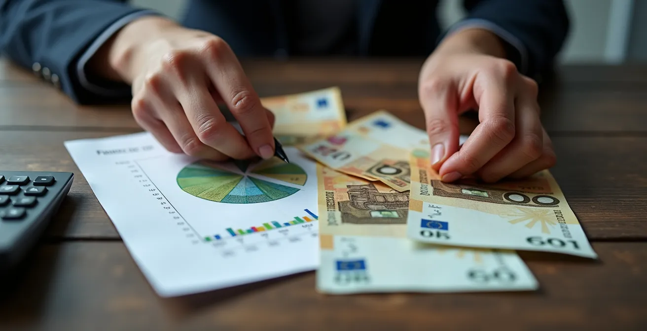 Mani che organizzano banconote euro su tavolo con grafico budget circolare disegnato