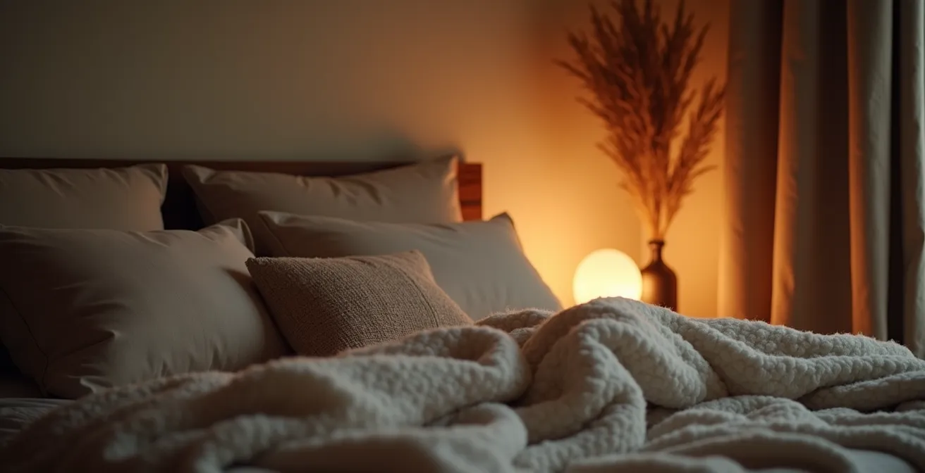 Camera da letto minimalista con tessuti naturali e illuminazione soffusa per il riposo