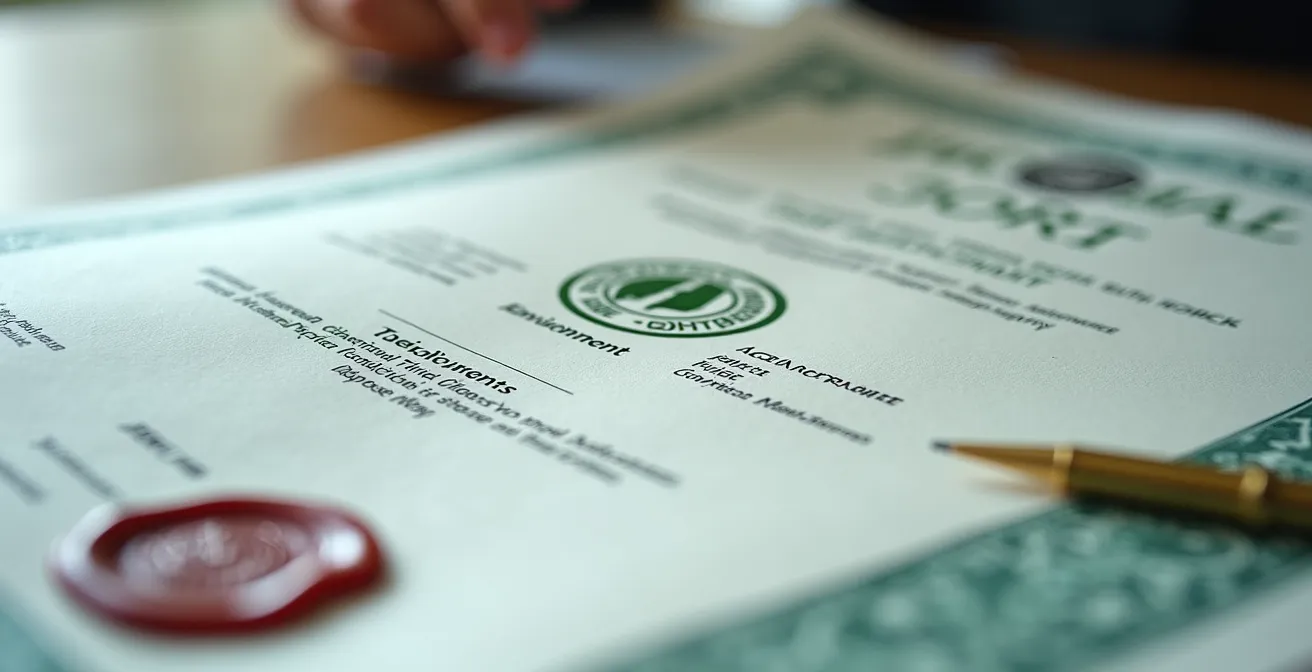 Documenti di certificazione ambientale su scrivania aziendale con sigilli ufficiali