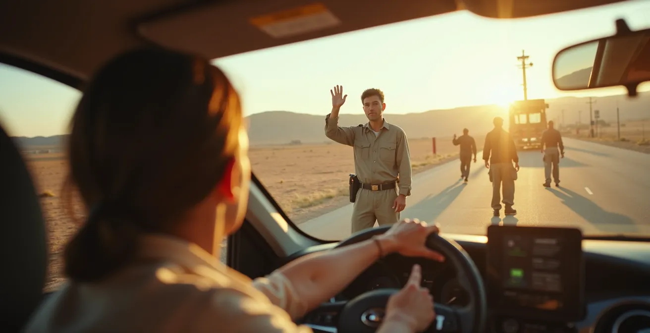 Checkpoint turistico nel deserto egiziano con veicolo in transito