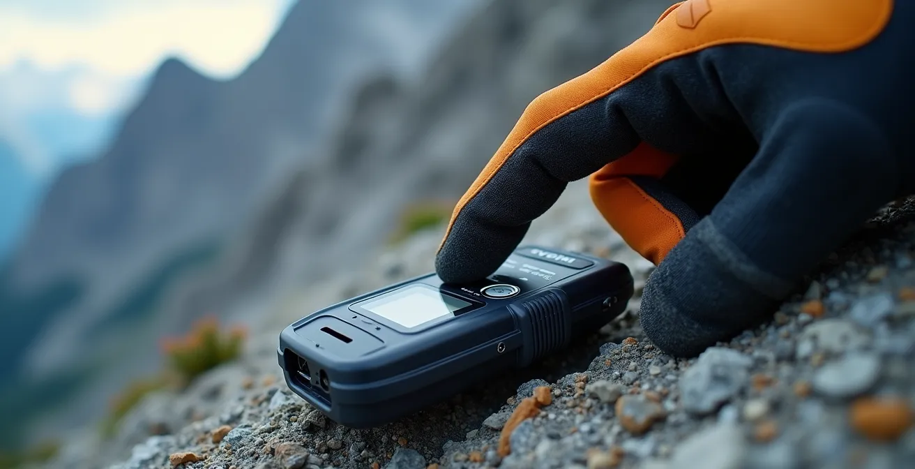 Dettaglio macro di mano che attiva dispositivo satellitare di emergenza su roccia d'alta quota