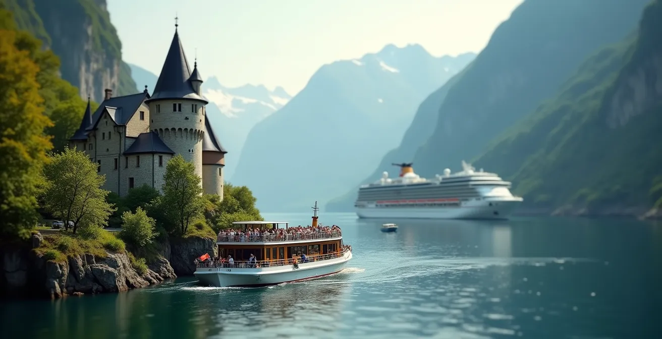 Confronto visivo tra una grande nave da crociera oceanica e una piccola nave fluviale