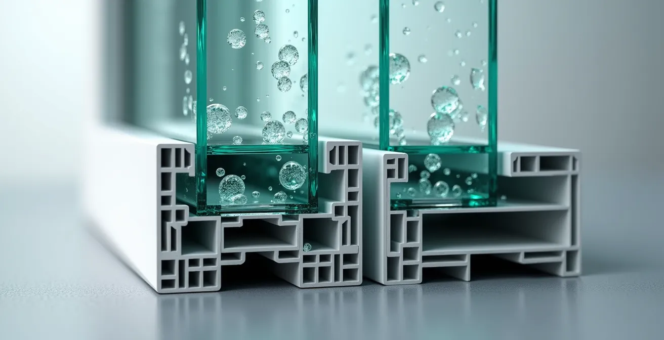 Sezione dettagliata di finestre con doppi e tripli vetri mostrando la differenza di isolamento