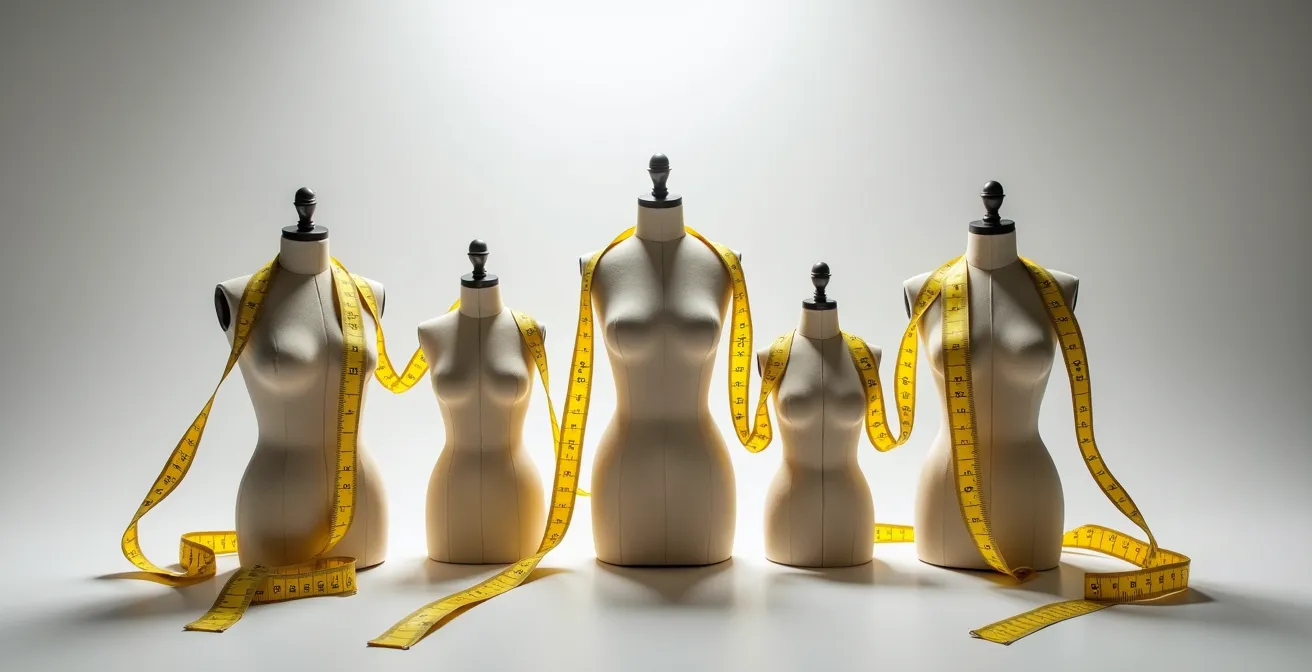 Metro da sarta che avvolge diversi manichini di forme e dimensioni diverse in un atelier