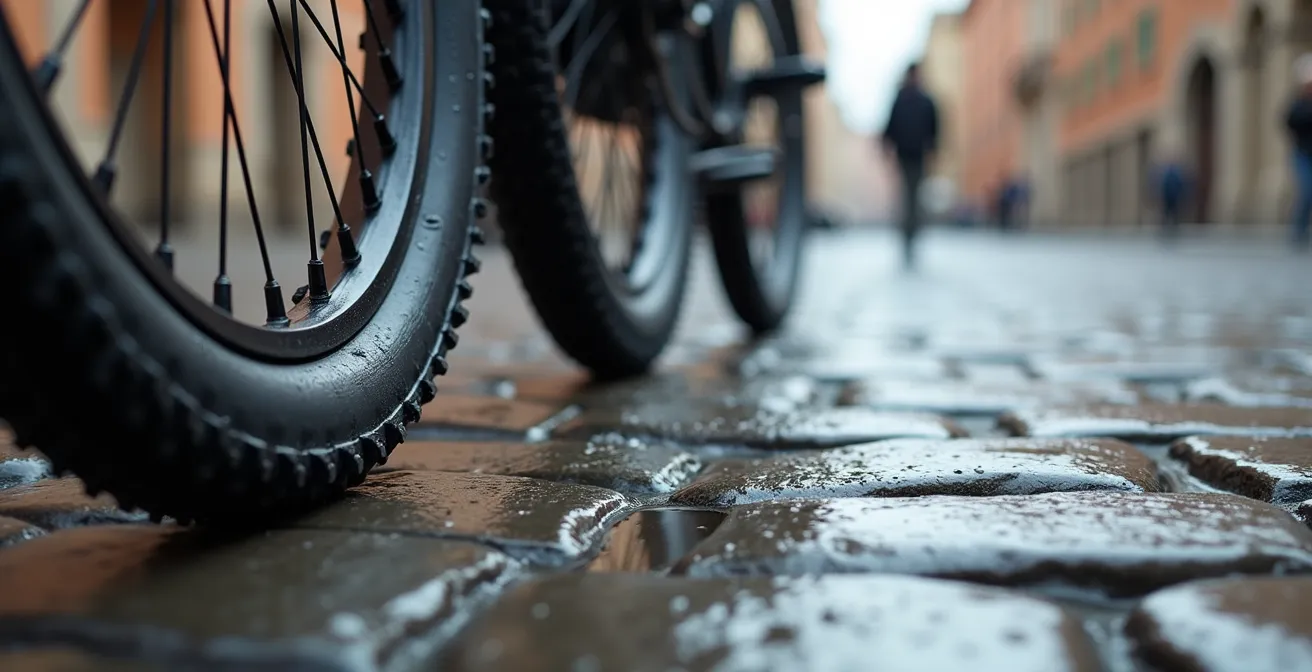 Dettaglio macro di pneumatici diversi su pavé bagnato italiano
