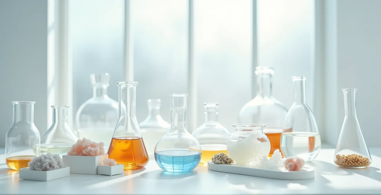 Ambiente di laboratorio minimalista con ingredienti naturali per conservanti cosmetici