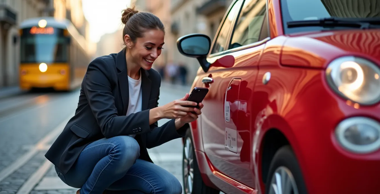 Persona che ispeziona con attenzione un'auto in car sharing