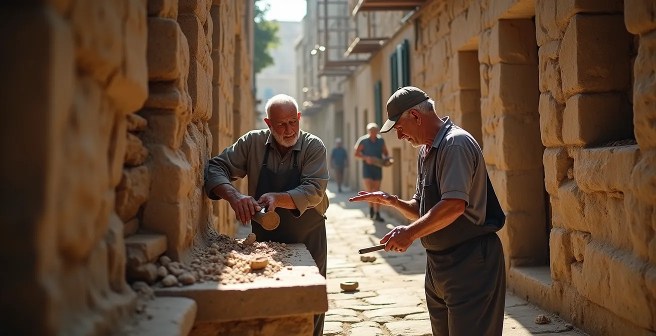 Gruppo di artigiani locali che restaurano un antico edificio in pietra in un borgo italiano