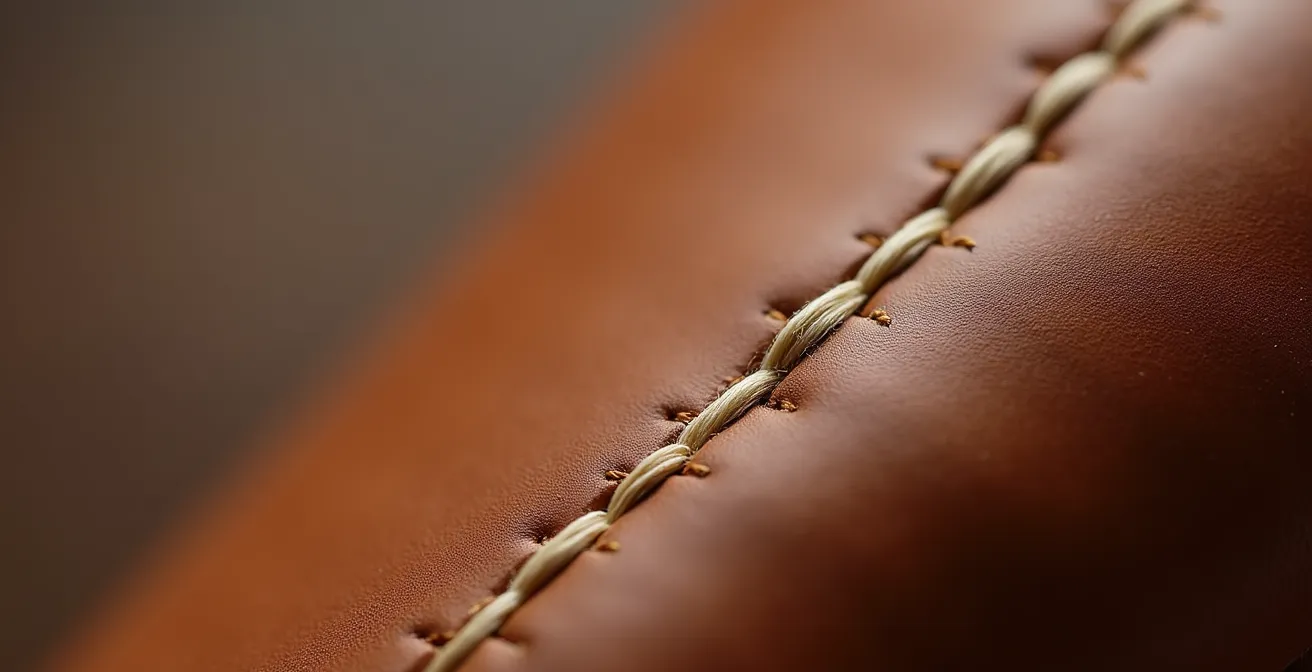 Dettaglio macro di una cucitura a punto sellaio su pelle italiana pregiata