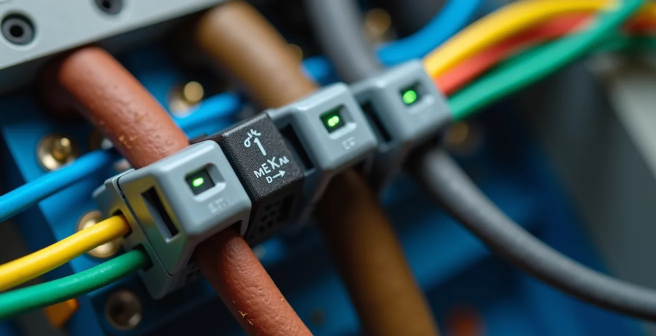 Dettaglio macro di morsetti amperometrici installati su cavi elettrici colorati