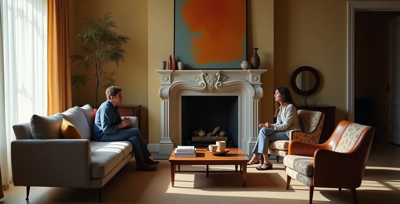 Disposizione del divano per creare zone di conversazione con stili misti