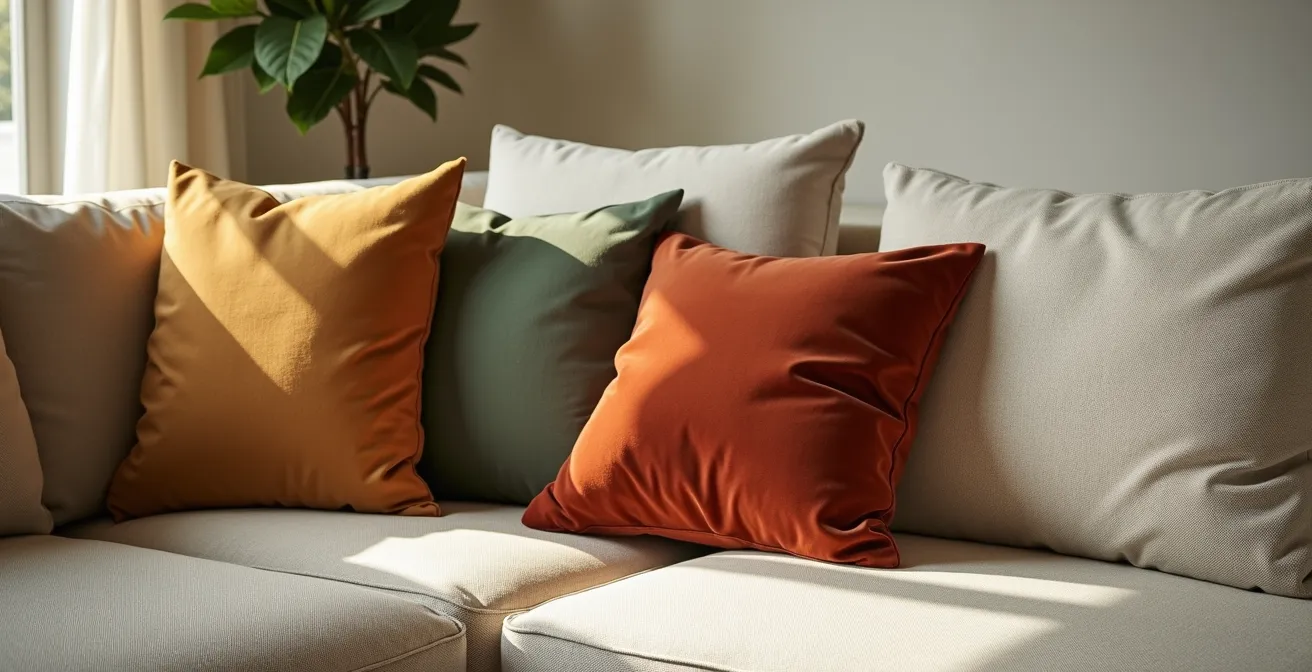 Divano neutro con disposizione professionale di cuscini seguendo la formula 2-2-1