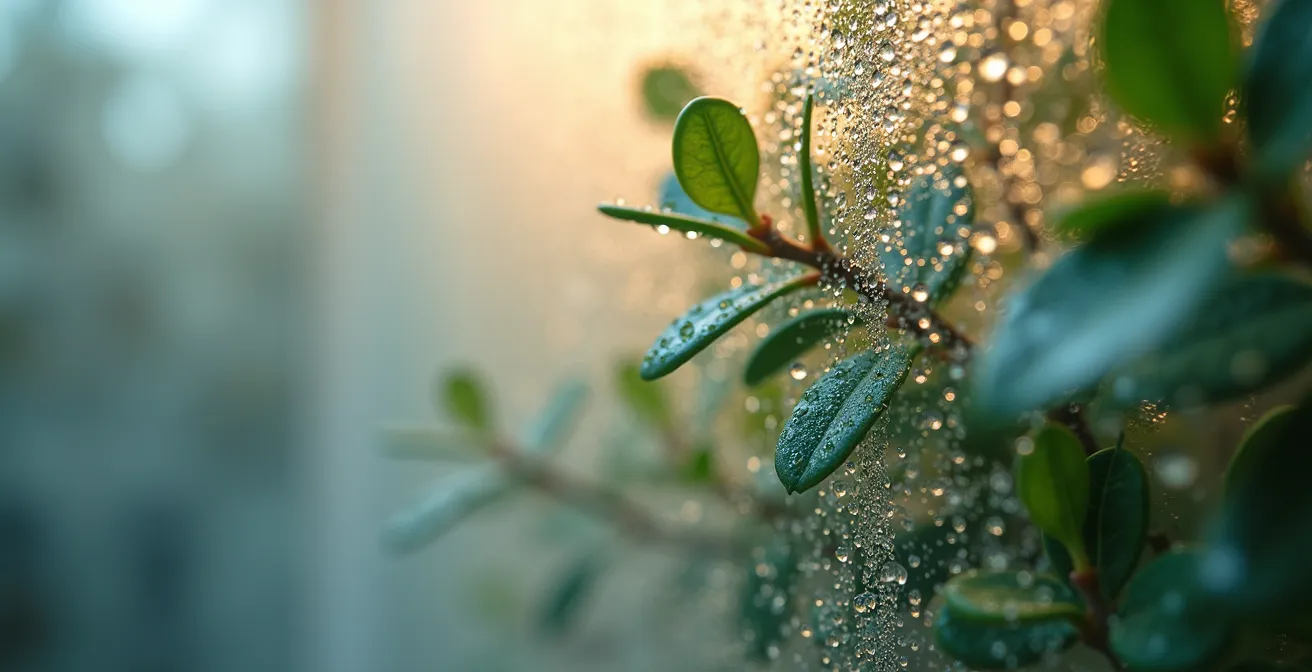 Box doccia con generatore di vapore e rami di eucalipto appesi