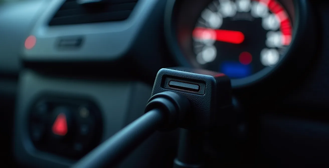 Dongle OBD2 Bluetooth collegato sotto cruscotto auto con smartphone che mostra app diagnostica