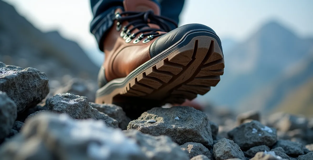 Escursionista che affronta un sentiero roccioso in alta quota con vista sulle cime innevate