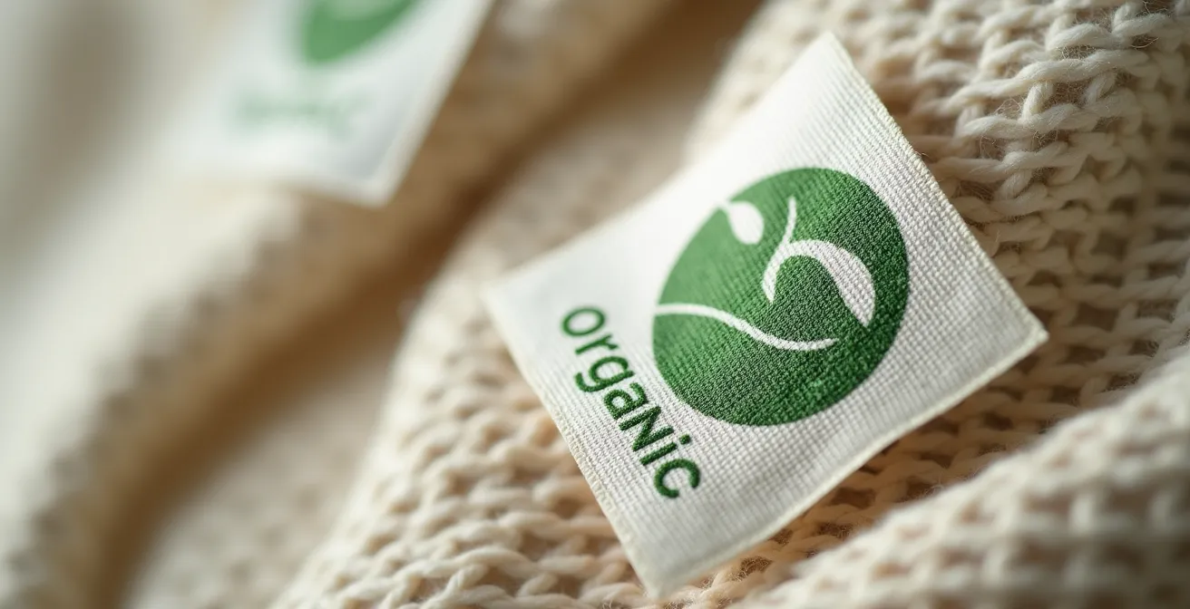 Dettaglio ravvicinato di etichette tessili con certificazioni autentiche