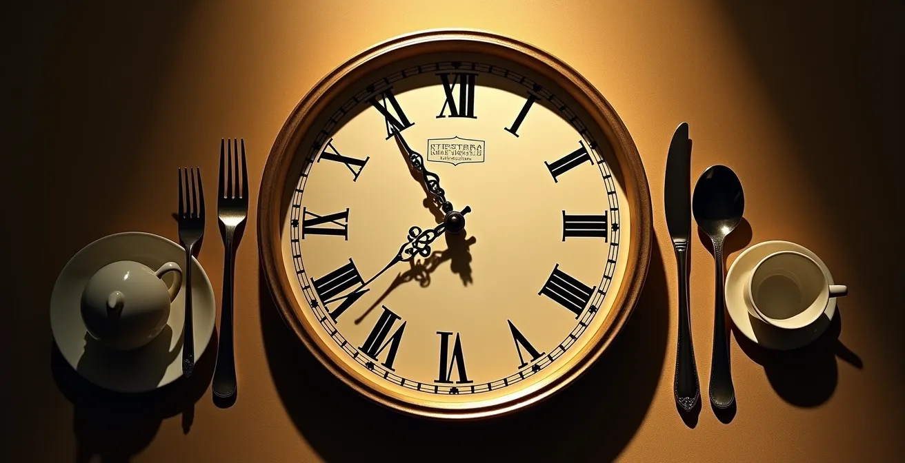 Orologio simbolico con elementi della giornata alimentare italiana che mostra una finestra di digiuno mattutina