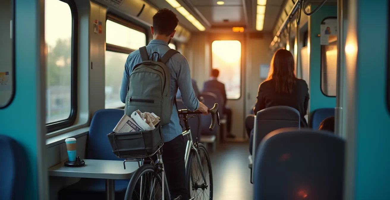 Pendolare che sistema bicicletta nel vagone dedicato di un treno regionale italiano