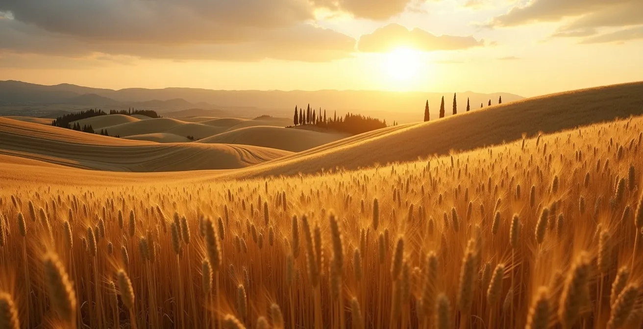 Campo di grano antico Senatore Cappelli in Italia al tramonto