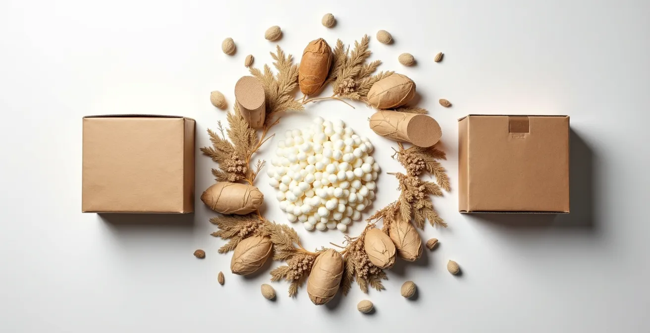 Materiali di imballaggio ecologici e biodegradabili disposti artisticamente