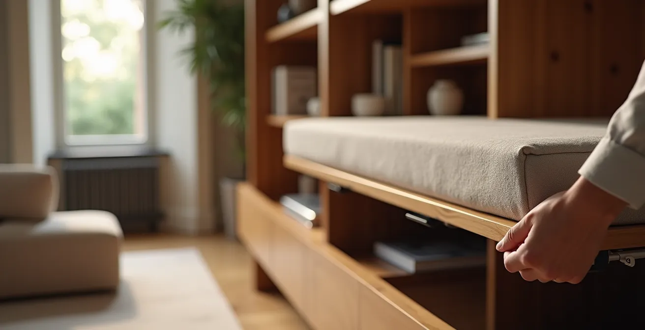 Soggiorno italiano moderno con sistema letto a scomparsa integrato in parete attrezzata di design