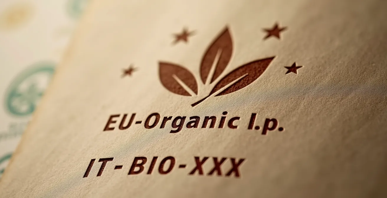 Dettaglio del logo biologico UE con codice IT-BIO su prodotto italiano