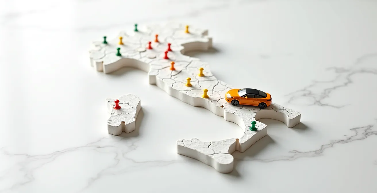 Mappa stilizzata Italia con regioni evidenziate per bonus auto