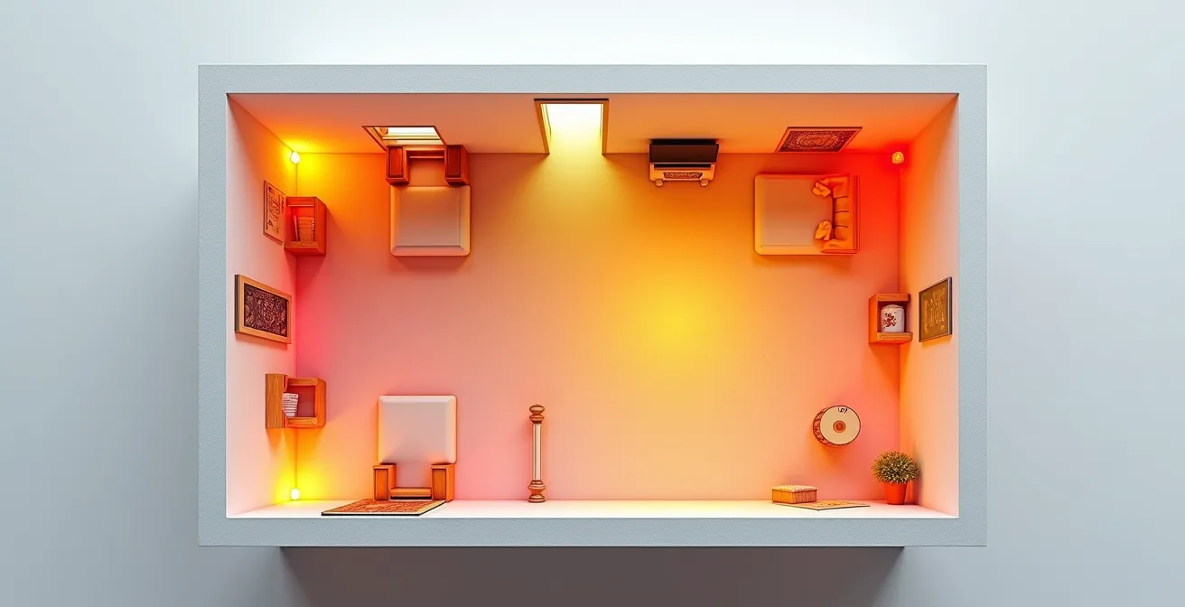 Vista dall'alto di un appartamento italiano con visualizzazione termica colorata delle stanze