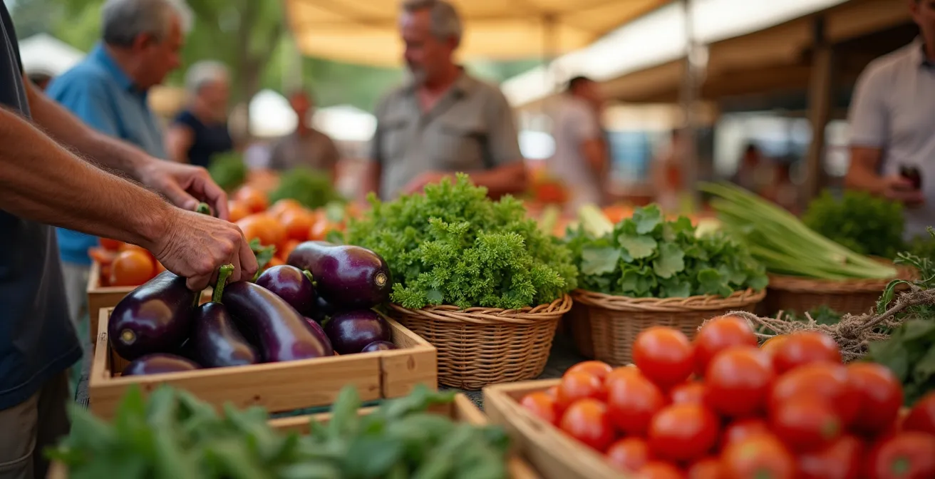 Banco del mercato italiano con prodotti biologici freschi e certificazioni