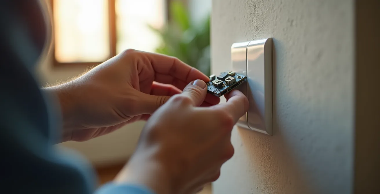 Vista tecnica di un micromodulo WiFi installato dietro un interruttore italiano standard