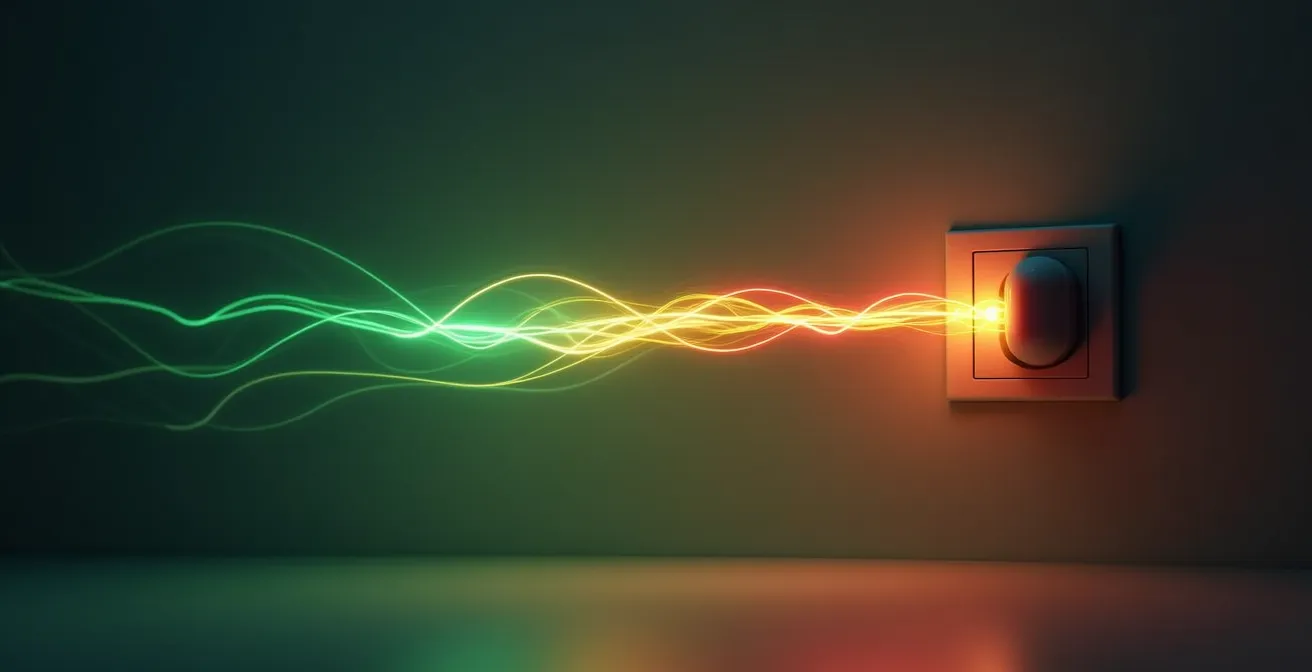 Primo piano simbolico di una presa smart Matter con indicatori luminosi che rappresentano il consumo energetico