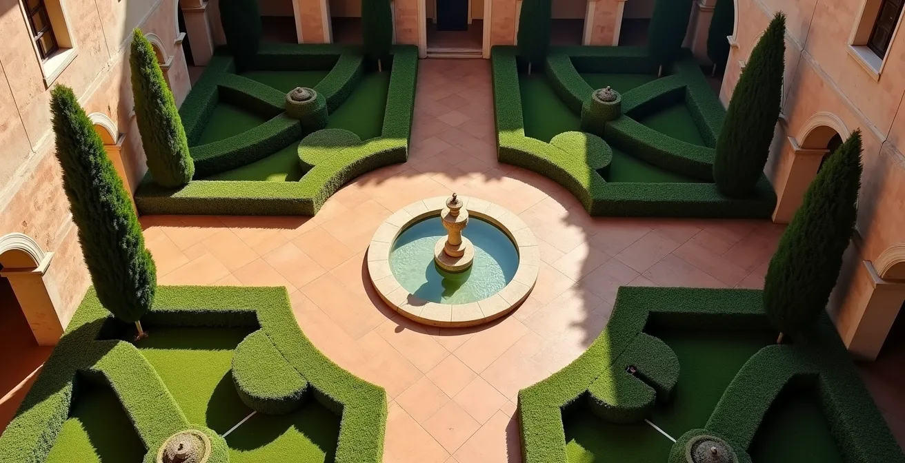 Vista aerea minimalista di un giardino zen mediterraneo con percorsi curvi e spazi aperti