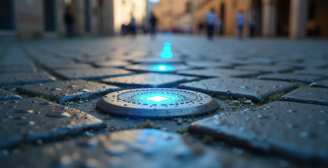 Vista macro ravvicinata di un sensore di parcheggio smart integrato nel selciato di una piazza storica italiana