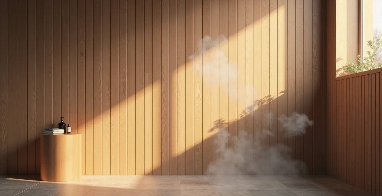 Parete di fondo doccia con rivestimento effetto legno chiaro