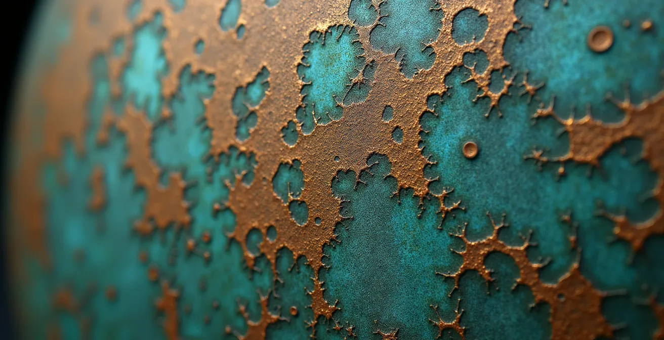 Dettaglio ravvicinato di superficie bronzea antica con patina naturale che evoca la texture della pelle umana