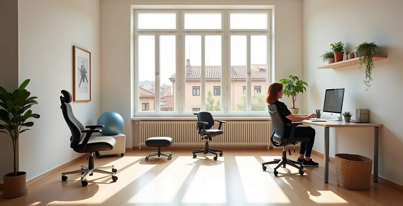 Ufficio moderno con diverse soluzioni di seduta ergonomica e una persona che lavora comodamente