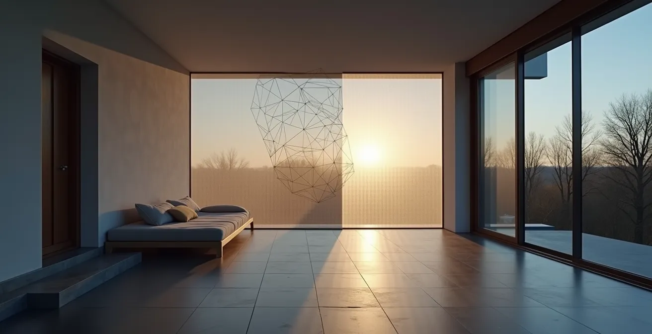 Rappresentazione simbolica della privacy domestica e mappatura digitale degli spazi