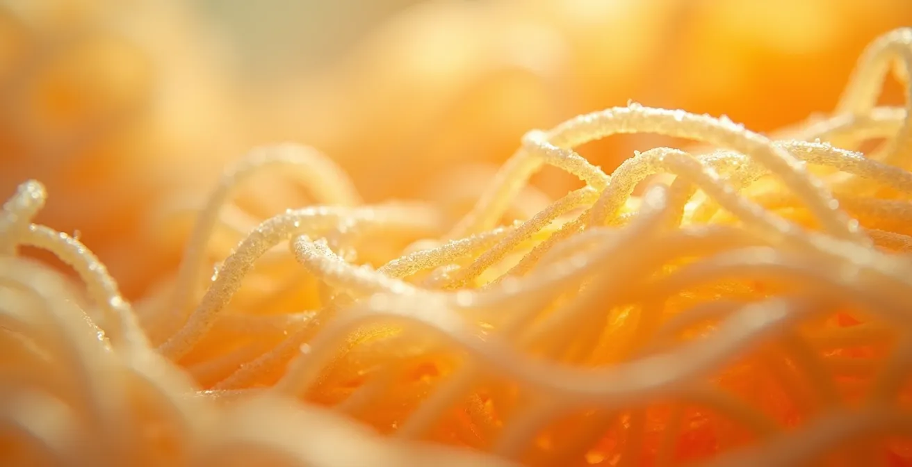 Dettaglio macro della fibra tessile derivata dalle bucce d'arancia